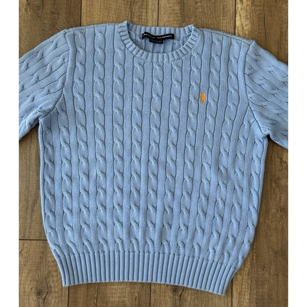 VTG Polo Ralph Lauren Sport Cable Knit Crew Neck Sweater XL/160 Blue Orange Pony - Picture 6 of 10